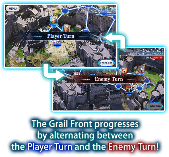 The Grail Front progresses by alternating between the Player Turn and the Enemy Turn!