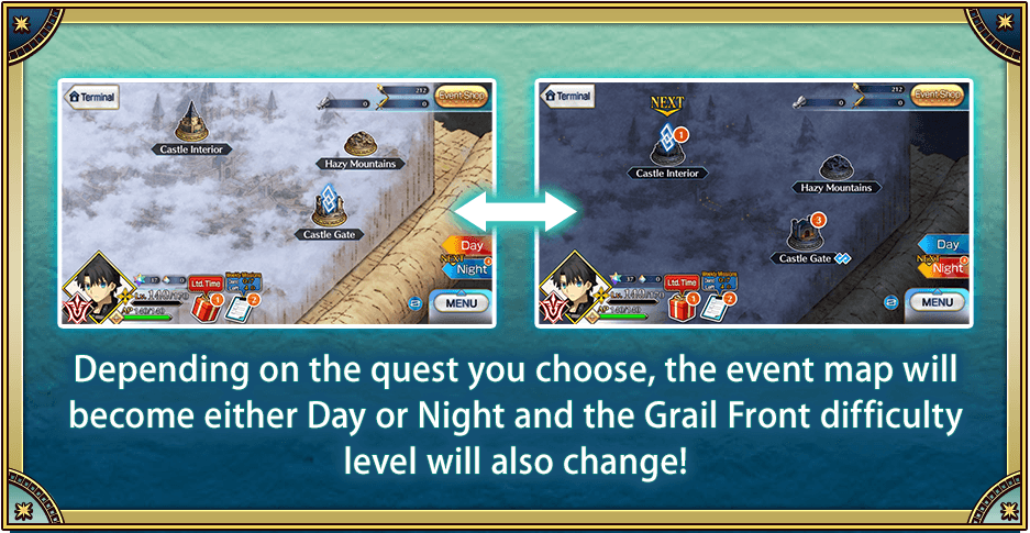 Depending on the quest you choose, the event map will become either Day or Night and the Grail Front difficulty level will also change!