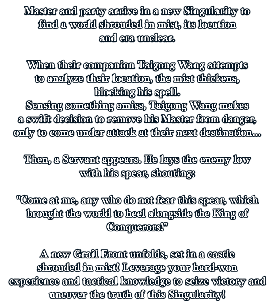 Master and party arrive in a new Singularity to find a world shrouded in mist, its location and era unclear.
