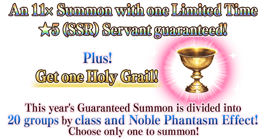 An 11× Summon with one Limited Time ★5 (SSR) Servant guaranteed! Plus! Get one Holy Grail! This year's Guaranteed Summon is divided into 20 groups by class and Noble Phantasm Effect! Choose only one to summon!