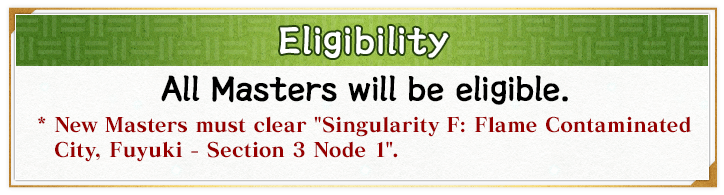 Eligibility All Masters will be eligible. * New Masters must clear Singularity F: Flame Contaminated City, Fuyuki - Section 3 Node 1. 