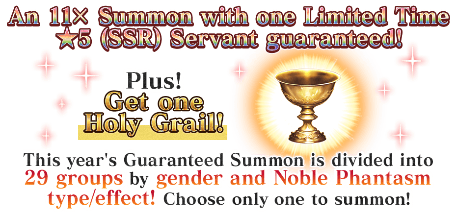 An 11× Summon with one Limited Time ★5 (SSR) Servant guaranteed! Plus! Get one Holy Grail! This year's Guaranteed Summon is divided into 29 groups by gender and Noble Phantasm type/effect! Choose only one to summon!