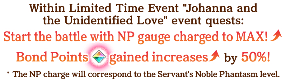 Within Limited Time Event Johanna and the Unidentified Love event quests: Start the battle with NP gauge changed to MAX! Bond Points gained increases by 50%!